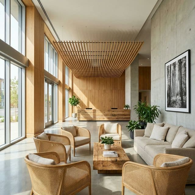 Specifying sustainable materials for the new lobby project. Cane is a strong choice for commercial interiors.